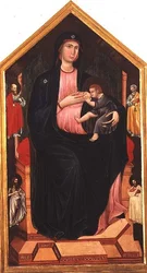 Madonna og barn med hellige (tempera på panel)