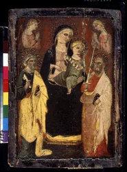 "Madonna og barn på tronen med de hellige Peter og Paul" (Madonna og barnet på tronen med de hellige Peter og Paulus) Maleri på træ af mesteren af ​​San Jacopo i Muciano (1400-tallet) Pushkin Museum, Moskva