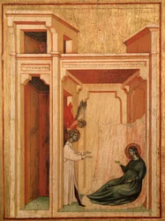 Skt. Cecilia og historien om hendes liv Detalje: Englen bringer blomster til Valerianus - altertavle, ca. 1290-1320