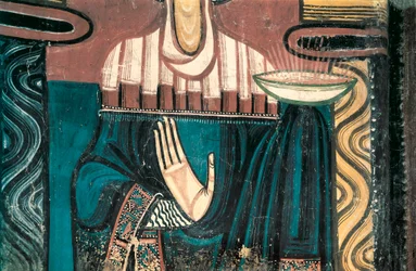 Jomfruen. Detalje. Fresko af Mesteren fra Sant Climent de Taüll. Cirka 1123. Fra apsis i Sant Climent de Taüll-kirken. Cataloniens Nationale Kunstmuseum, Barcelona.