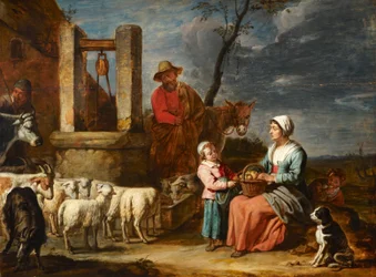 Bondefamilie ved en brønd