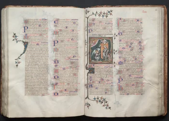 The Gotha Missal: Fol. 110r, Bebudelsen, ca. 1375.