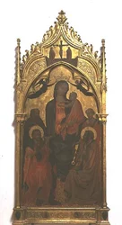 Madonna og barn med hellige (tempera på panel)