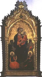 Madonna og barn med hellige (tempera på panel)