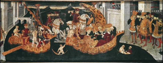 Decameron de Boccaccio (Jean Boccaccio): Chatelain Pericone byder velkommen til Alatiel, datter af sultanen af Babylon Beminedab og hendes suite på øen Mallorca (Pericone da Visalgo byder velkommen til Alatiel, datter af Beminedab, Sultanen af Babylon, på 