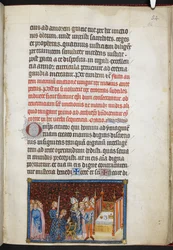 Cotton Tiberius B. VIII f.56r Ærkebiskoppen af Reims velsigner kongens handsker, fra „Kroningsbogen for Karl V, konge af Frankrig“