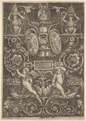 Et panel af ornament, putti stående på overflødighedshorn i nederste del, 1530-60.