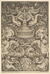 Et panel af ornament med en stor krukke i midten, putti og andre figurer, 1530-60.