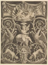 Et panel af ornament med en putto i midten med en vindmølle, 1532.
