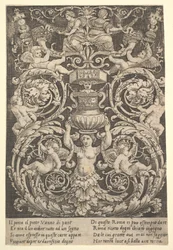 Et panel af ornament med en kvinde, der holder en vase i midten, 1532.