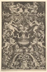 Et panel af ornament med putti, ged og andre figurer, 1530-60.