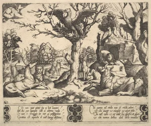 En føniks sad på toppen af et træ, åbne vinger, et udvalg af dyr nedenfor, 1530-60.