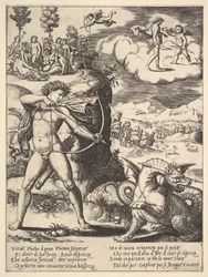 Apollo står til venstre og skyder en python med en pil, over til venstre er musen..., 1530-60.