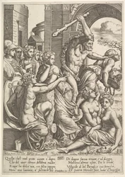 Misundelse eller griskhed til højre bliver drevet fra musernes tempel af Hercules, der ..., 1530-60.