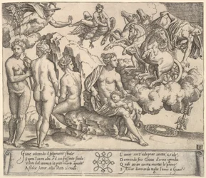 aJupiter vælter fra en hestevogn til højre, Ganymedes i form af en ørn..., 1530-60.