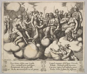 Plade 30: Venus og Amor forsvarer deres sag i nærværelse af Jupiter og andre guder..., 1530-60.