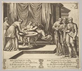 Tavle 8: Psyche siddende ved et bord og overværet af usynlige tjenere, Eros ved siden af g..., 1530-60.