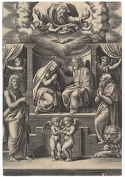 Jomfruens kroning, nederst til venstre står Johannes Døberen, nederst til højre..., 1530-60.