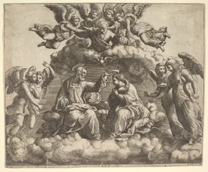Jomfruens kroning, Kristus holder kronen over hendes hoved, Gud Fader velsigner..., 1532.