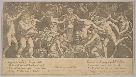 Offeret til Priapus som er i form af en statue i midten, Bacchus og en sa..., 1530-60.