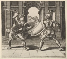 To gladiatorer kæmper foran en bue, 1530-60.