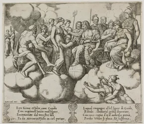 Venus og Amor taler om deres sag i nærvær af Jupiter og andre guder
