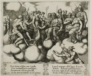 Venus og Amor taler om deres sag i nærvær af Jupiter og andre guder
