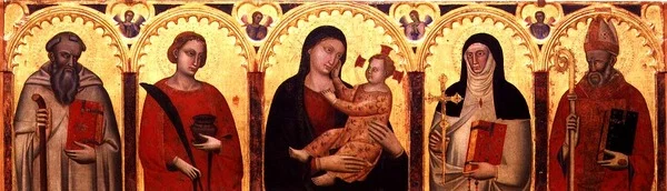 Madonna og barn med hellige (tempera på panel)