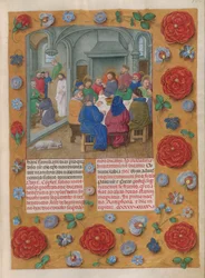 Temporale (1. portion: fra første søndag i advent til hellig lørdag). Den sidste nadver (skærtorsdag, Matins). Border med blomsterdekoration. To kolonner med tekst.