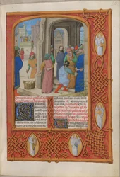 Temporale (1. portion: fra første søndag i advent til hellig lørdag). Jøderne truer med at stene Kristus for blasfemi i Salomons tempel (passionssøndag). Kant indeholdende engle. To kolonner med tekst.