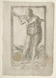 Melpomene-tragedie fra Tarocchi-serien D: Apollo and the Muses, #17, før 1467.