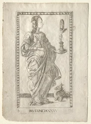 Prudence fra Tarocchi, serie B: Cosmic Principles & Virtues, #35, før 1467.