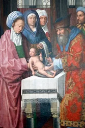 Evora Museum. Mester af Evora-altertavlen. Kristi omskærelse. Olie på panel. Flamsk skole 1500. Portugal.
