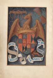 Dronning Isabella den katolske, dronning af Spanien: Fol. 1v, våben og mottoer af Isabel la Católica