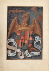 Dronning Isabella den katolske, dronning af Spaniens åbningstider: Fol. 1v, Arme og mottoer af Isabel..., c1500.