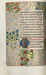 Timebog Brug af Rouen: fol. 18v, stor initial O med udførlig kant, ca. 1470.