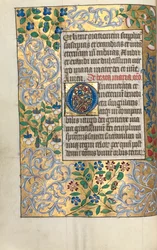 Timebog Brug af Rouen: fol. 22v, stor initial O med udførlig kant, ca. 1470.