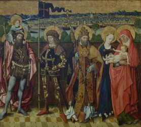 St. Anne, Jomfruen og Barnet, St. Christopher, St. Gereon og St. Peter i et landskab, der viser Köln og de syv høje, ca. 1460-80 (eg)