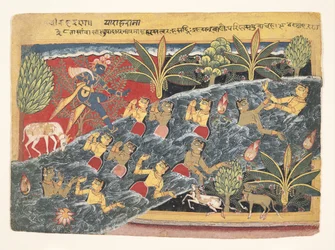 Gopierne bønfalder Krishna om at returnere deres tøj: Folio fra Isarda Bhagavata..., ca. 1560-65