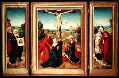 Triptykon med det centrale panel, der forestiller korsfæstelsen med Jomfruen, Johannes og Maria Magdalena; venstre fløj: St. Veronica og en kvindelig helgen; og højre fløj: The Two Marys (olie på panel)