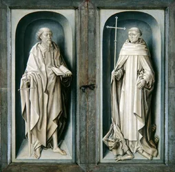 Sankt Paul og Sankt Benedikt, lukkede paneler af bebudelsens Triptykon, ca. 1483 (olie på panel)