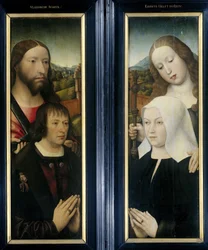 To vinger af en triptykon med donoren, Thomas Isaacq, ledsaget af Saint Thomas (venstre, ydre fløj), og donorens hustru ledsaget af Saint Margaret (højre, ydre fløj)