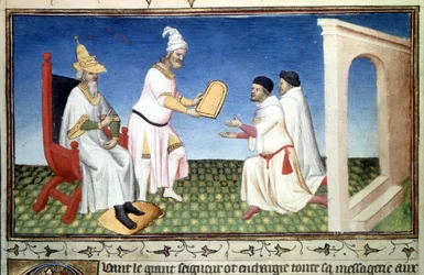 Marco og Maffeo Polo modtager gaver fra Kublai Khan. Miniature fra »Vidundernes bog« (»Beskrivelse af verden«, »Il Milione«) af Marco Polo (1254-1324) (Ms. 2810, folio 3v), illumineret ved Mazarine-mesteren, cirka 1410-1412