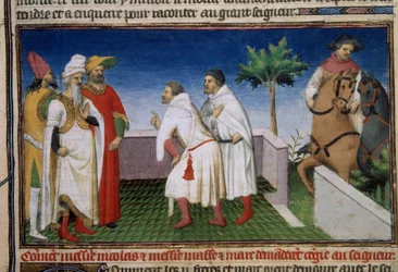 Matteo og Niccolo, Polo-brødrene beder om orlov fra Qubilai (Kubilai Khan, første kejser af det mongolske Yuan-dynasti (1215-1294) Miniature taget fra "" The Book of Wonders""" ("" Verdens afvigelse"" , "" The Million "") Ms. 2820 folio 6. Enlu