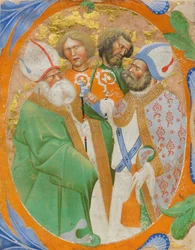 Manuskriptbelysning med fire hellige i et indledende O, fra en korbog, italiensk, 1440-50.