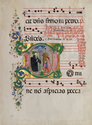 Manuskriptblad med Sankt Benedikt, der genopliver en dreng i et indledende D, fra et antifonarium.