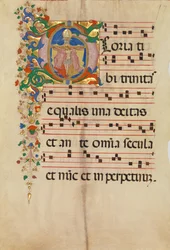 Manuskriptblad med treenigheden i et indledende G, fra et antifonarium, anden halvdel af 1400-tallet.