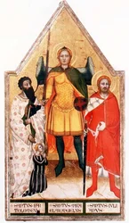 Ærkeenglen St. Michael med Skt. Bartholomew og St. Julian (tempera på panel)