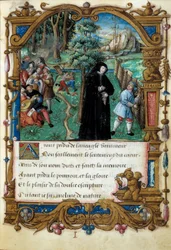 Repræsentation af dronningen af Navarra Margarita af Angoulema (1492-1549), høflig kærlighedsscene. Side taget fra manuskriptet "" La coche ou Debat d
