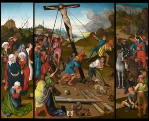 The Raising of the Cross [center, venstre og højre panel], c. 14801490.